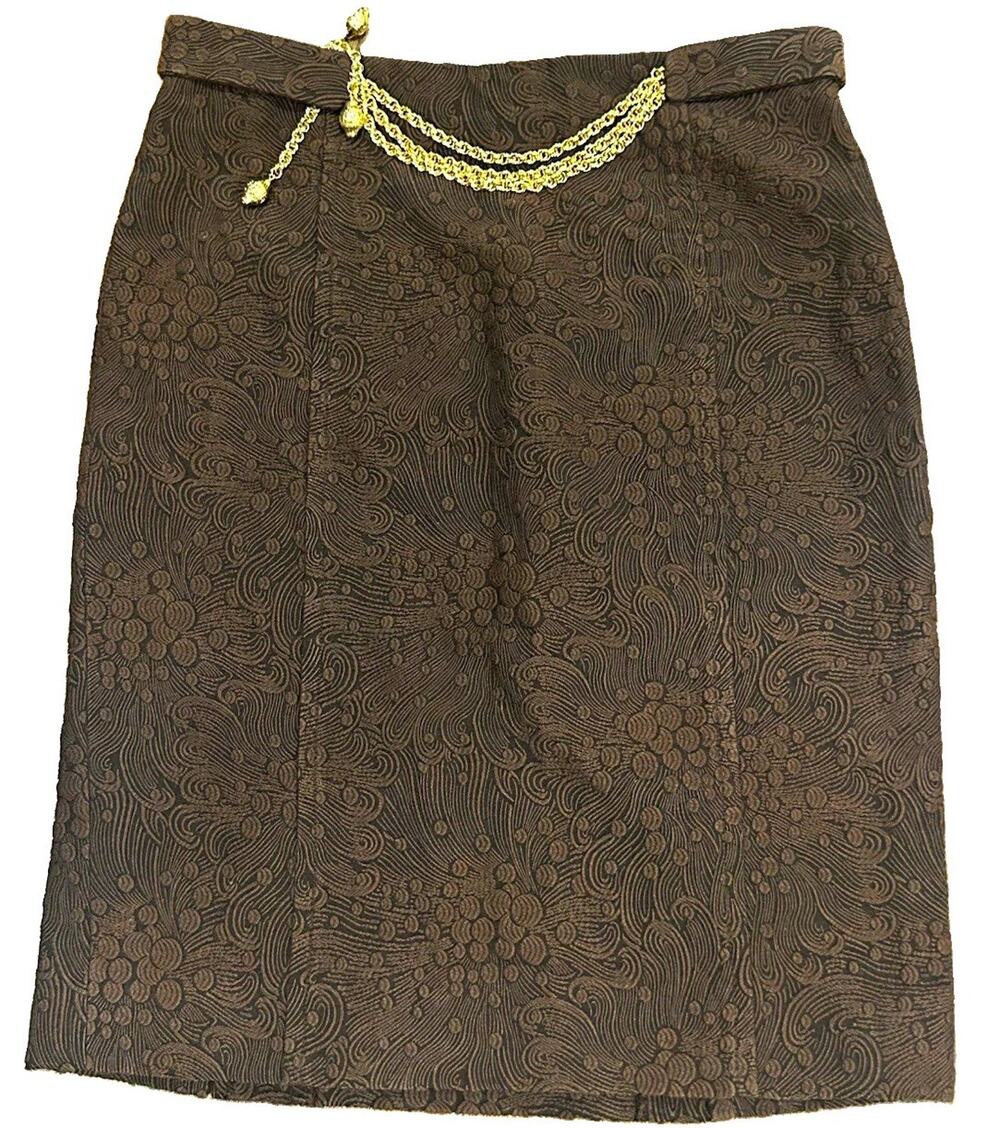 Milly of New York Brown Textured Wool Mini Skirt Gold Chain Detail Size 4